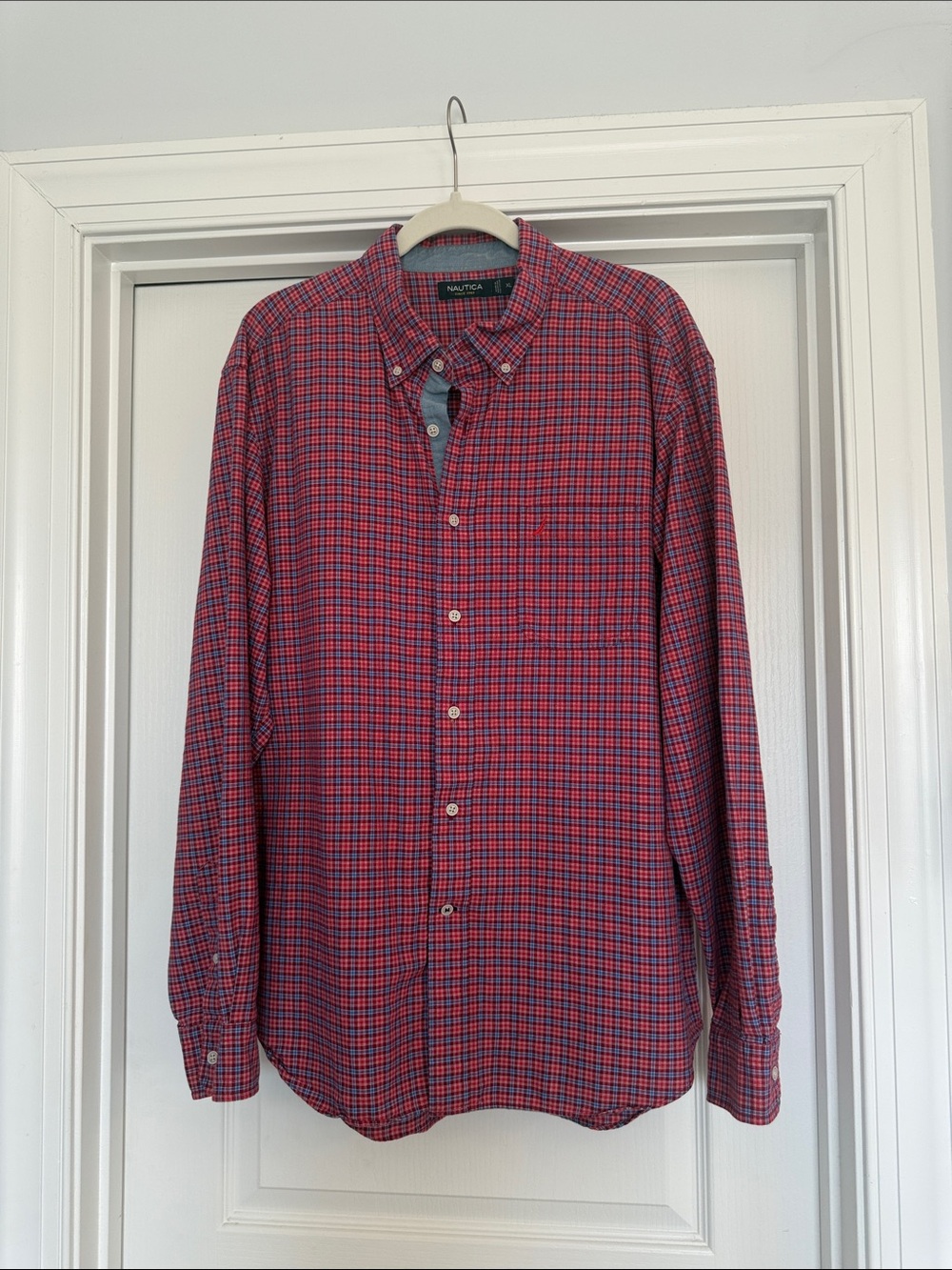 Nautica Men’s Red and Blue Plaid Button-Down Shirt Size XL 100% Cotton Preppy